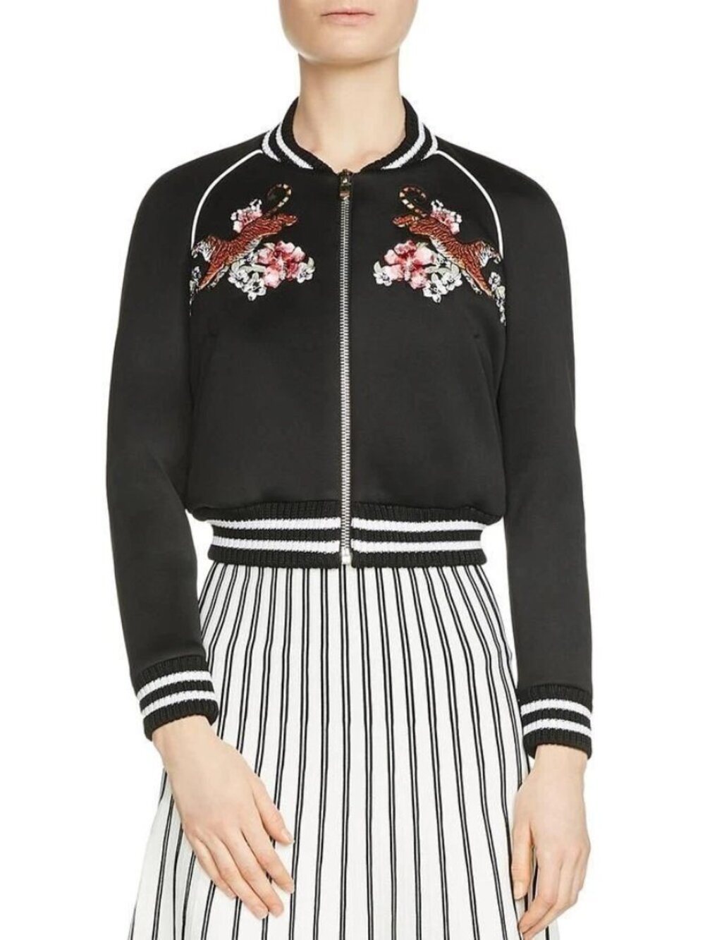 MAJE Mercure Black Tiger Embroidered Ponte Knit Bomber Jacket, Size 40/L